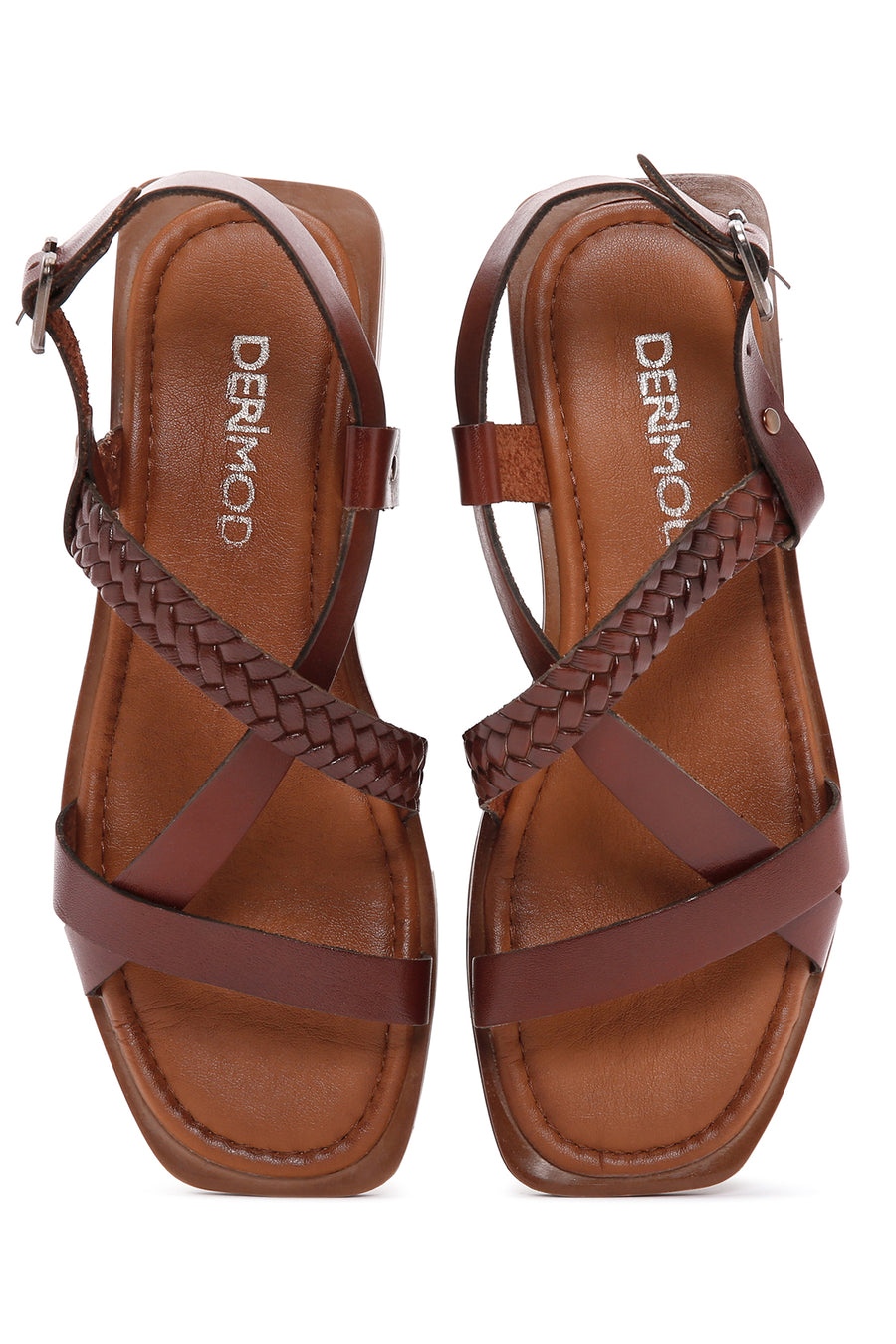 Women's Brown Knitted Detailed Leather Bodrum Sandals