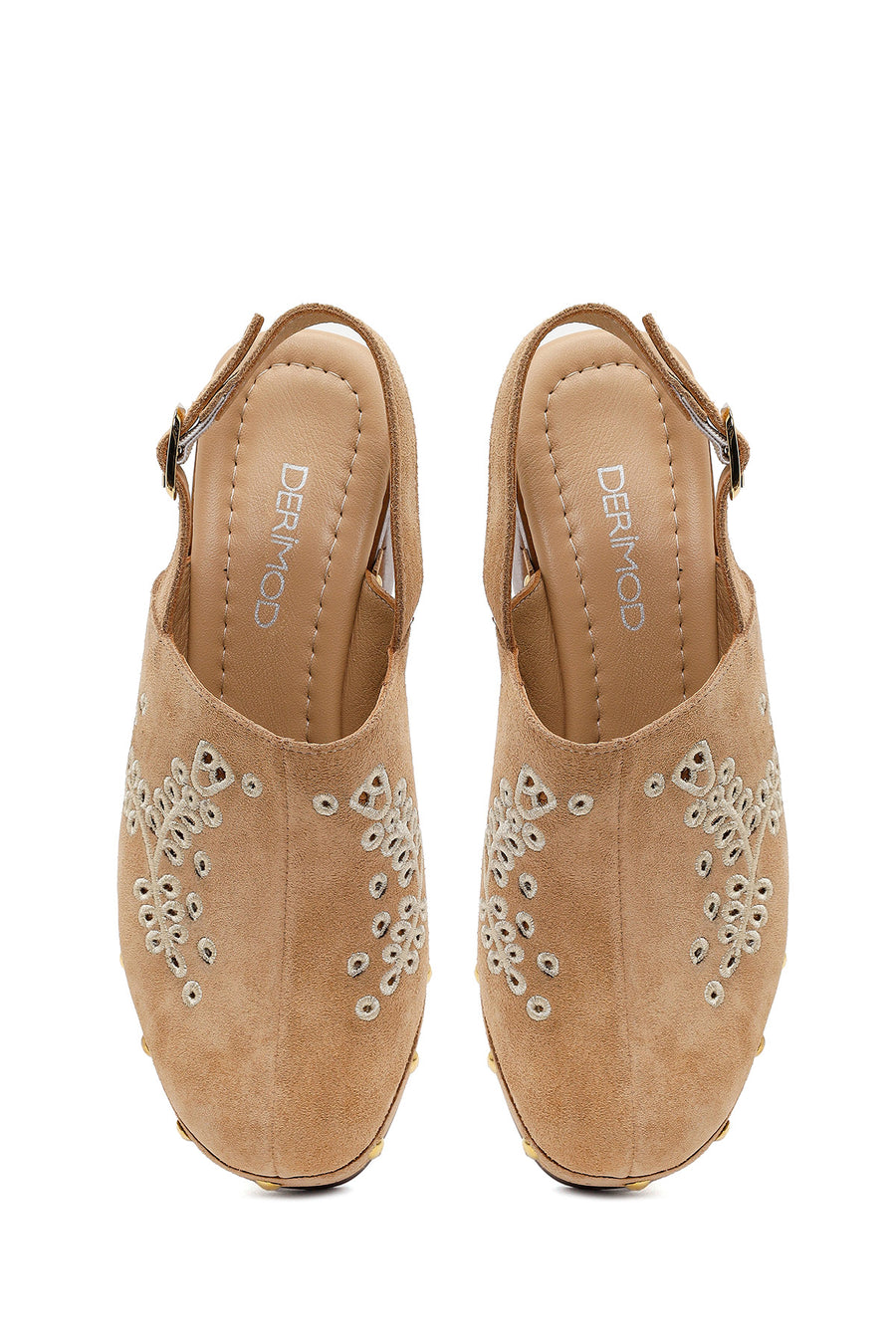 Woman Beige Ankle-Buckle Platform High Chunky High-Heel Suede Sandal