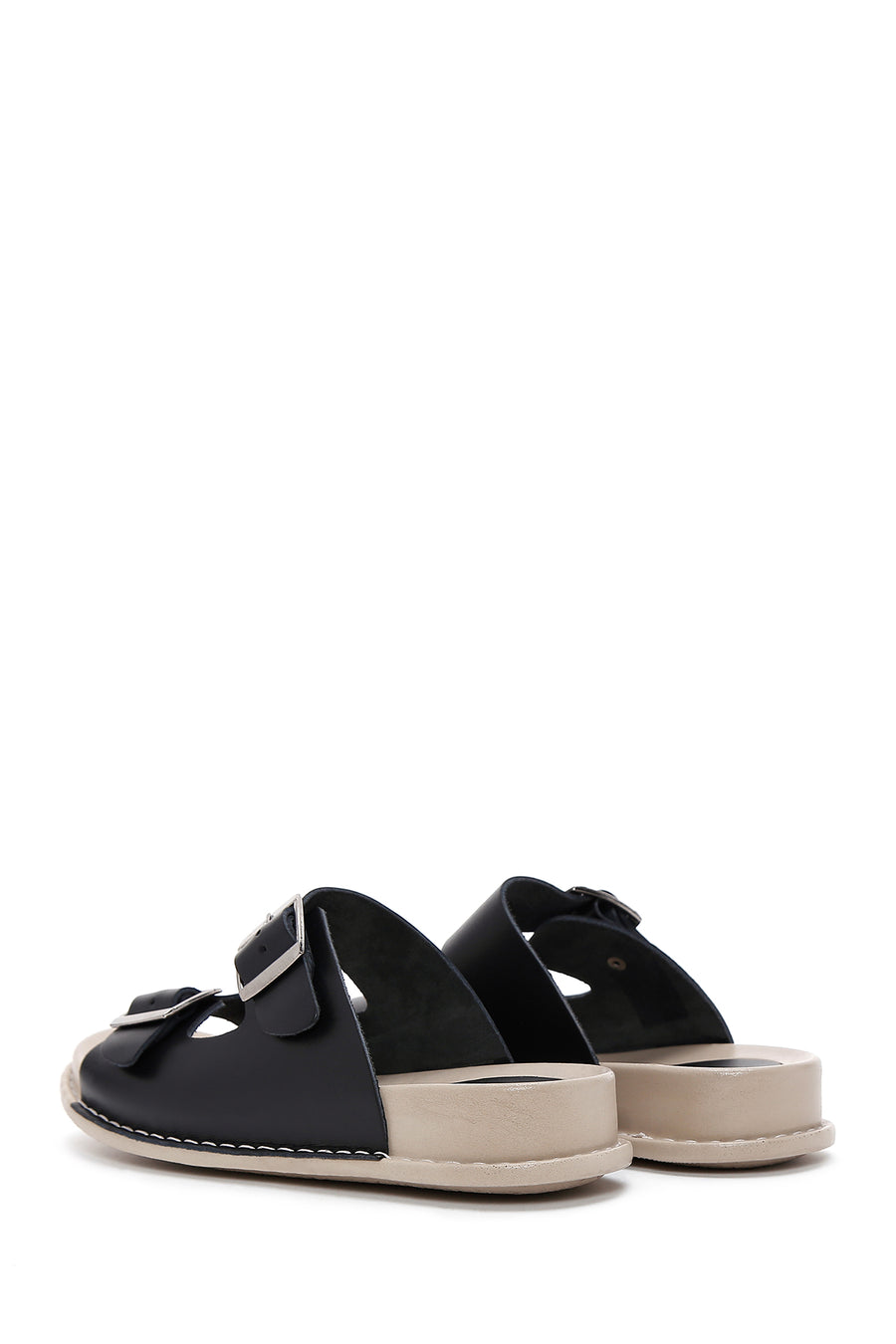 Women's Black Leather Buckle Comfort Slippers