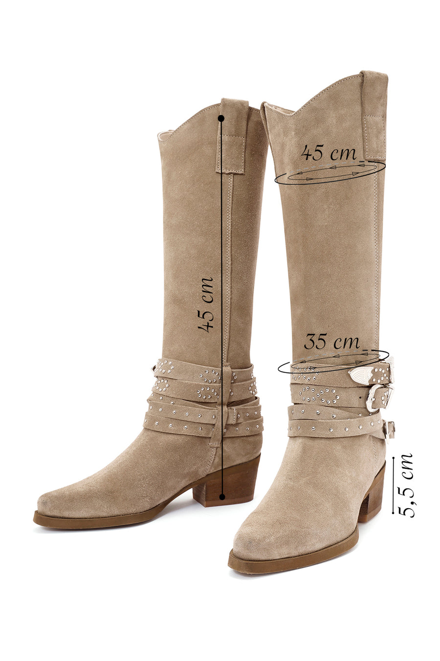 Women's Beige Thick Heel Buckle Detailed Suede Leather Cowboy Boots