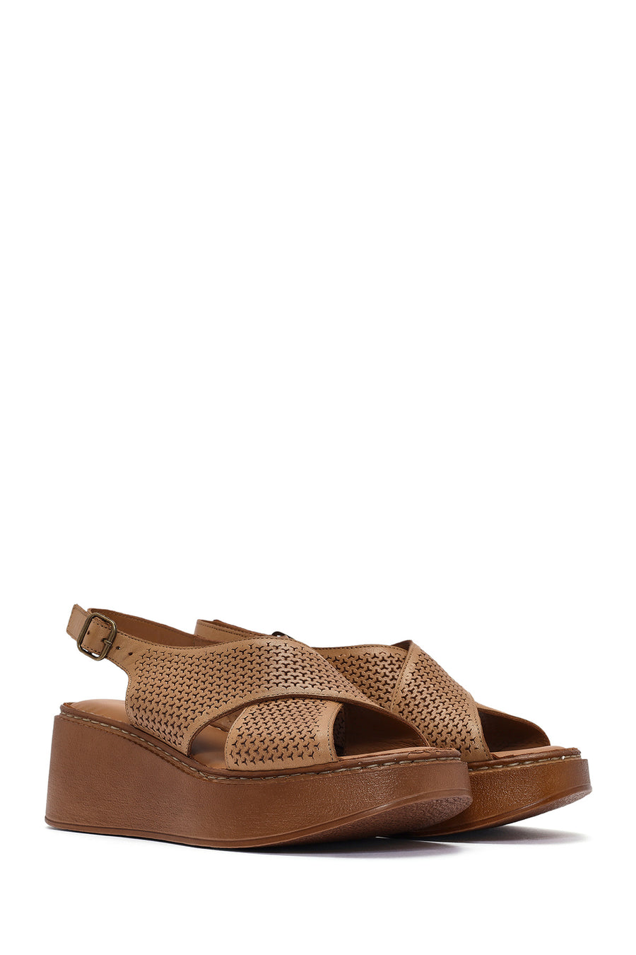 Women's Tan Ankle Strap Printed Wedge Heel Leather Comfort Sandals