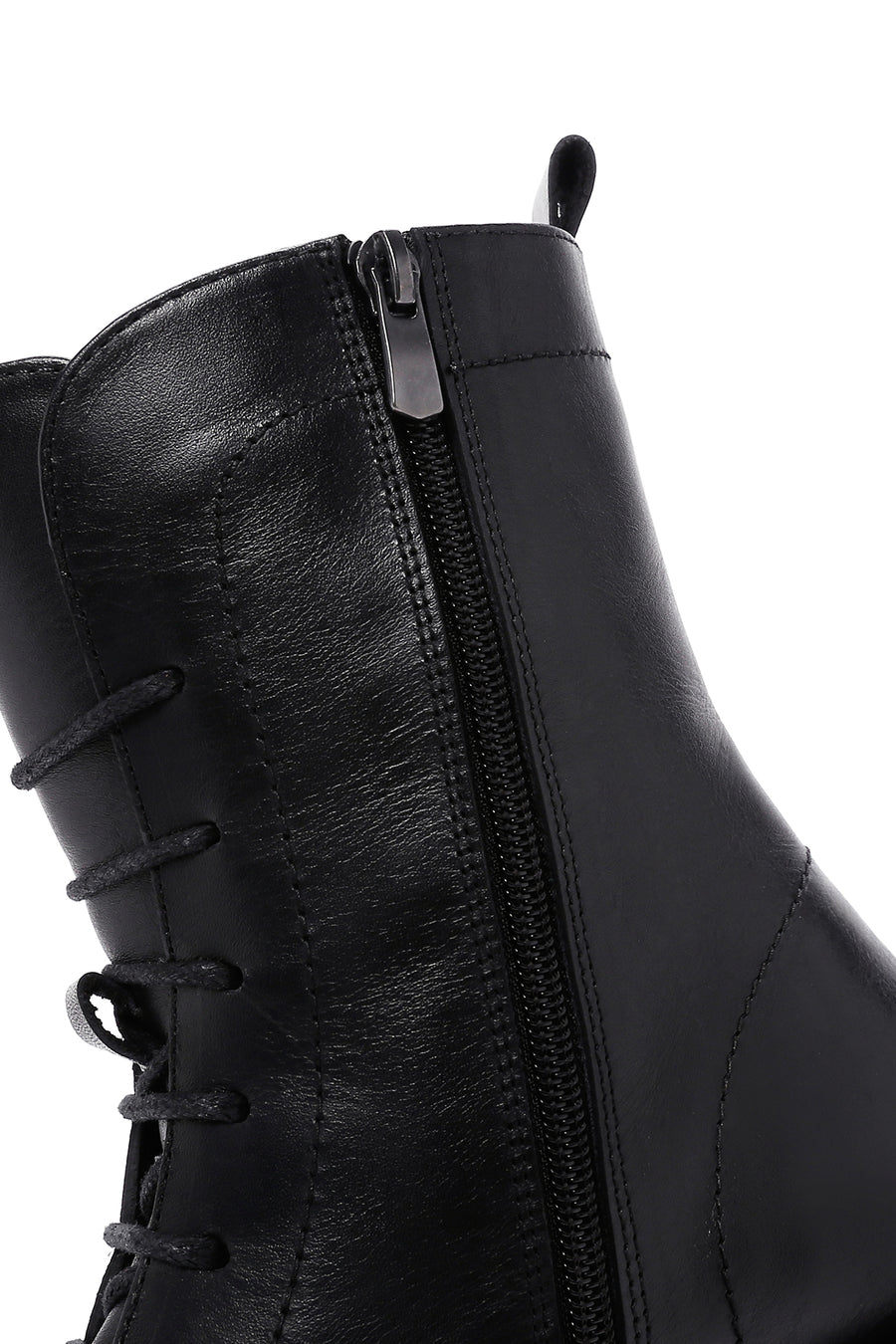 Women's Black Lace-Up Zipper Detailed Leather Combat Boots