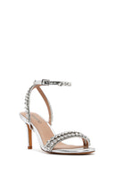 Women's Silver Ankle Buckle Stoned Thin Heel Sandals | Derimod