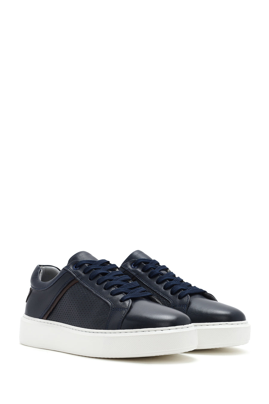 Erkek Lacivert Bağcıklı Deri Sneaker