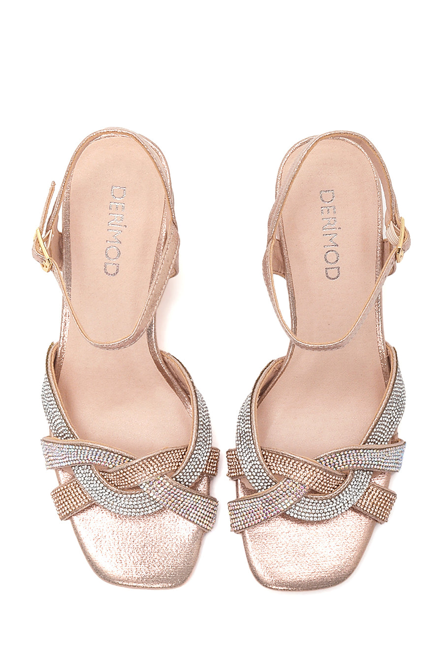 Women's Pink Gold Stone Thick Heeled Sandals