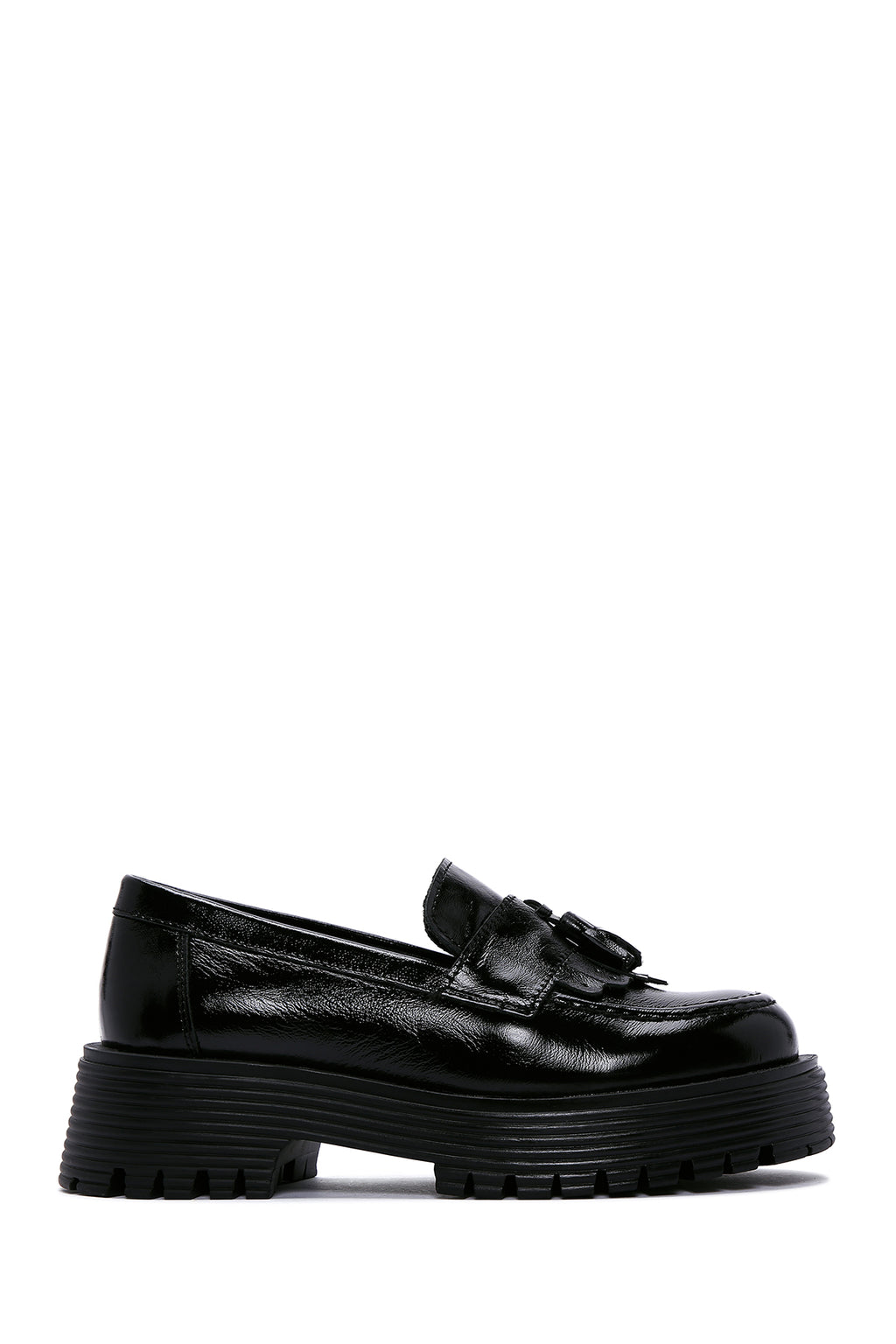 Kadın Siyah Püsküllü Deri Maskülen Loafer