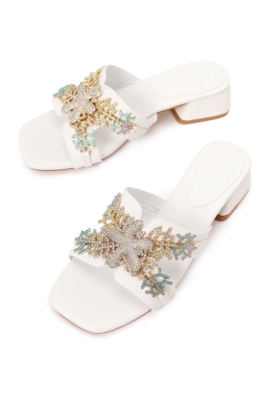 Woman White Stone-Embellished Thick Short-Heeled Slipper