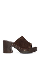Women's Brown Thick Heeled Suede Leather Slippers | Derimod