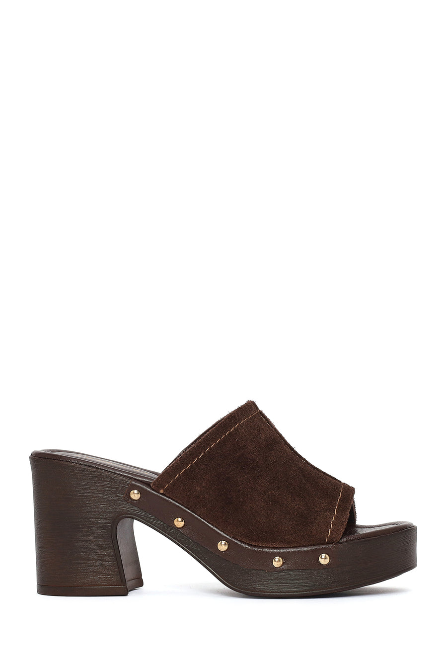 Women's Brown Thick Heeled Suede Leather Slippers 26SFD240110 | Derimod