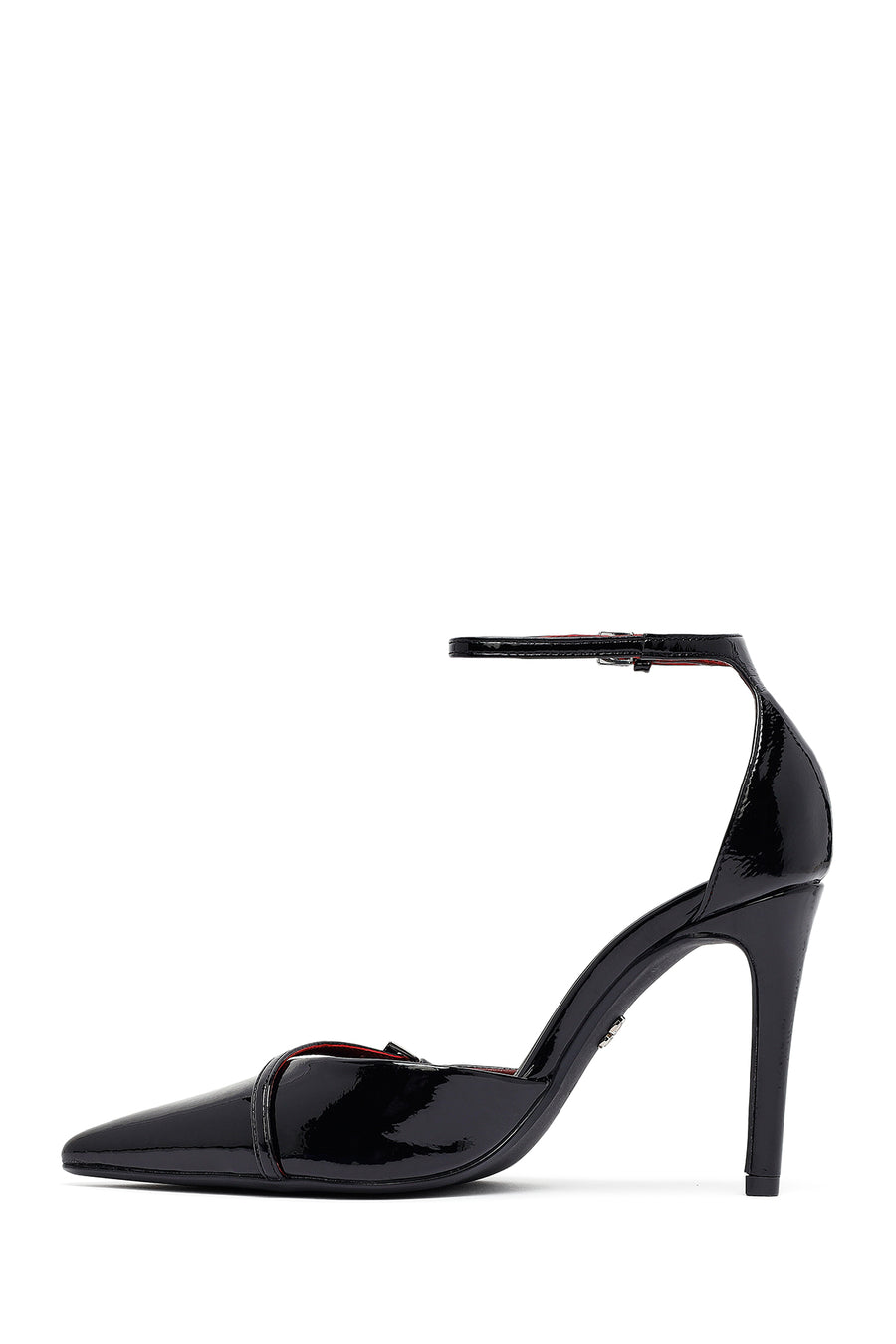 Woman Black Ankle-Strap Buckled High Slim-Heel Patent Leather Stiletto
