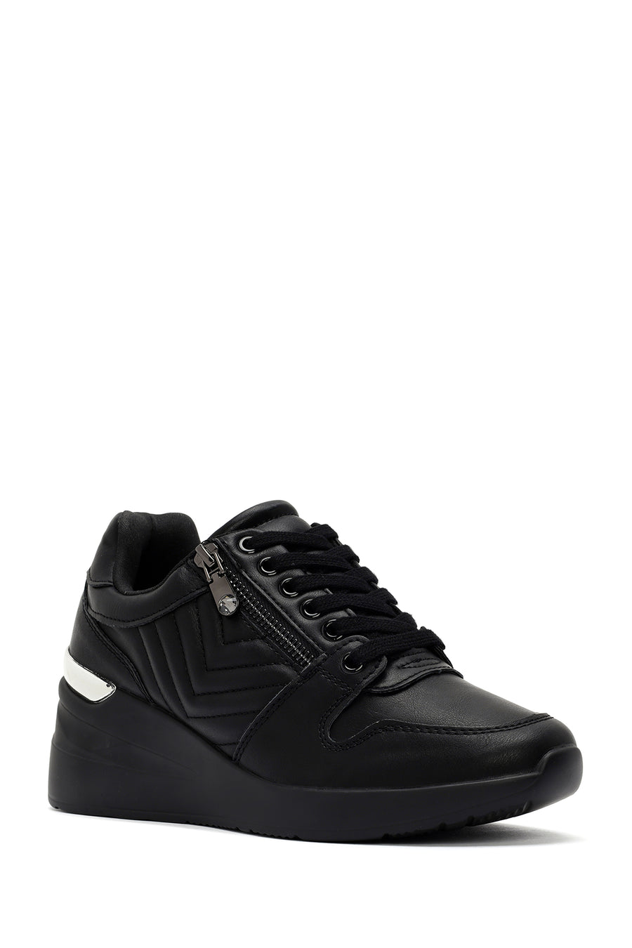 Women's Black Lace-Up Wedge Heel Leather Sneakers
