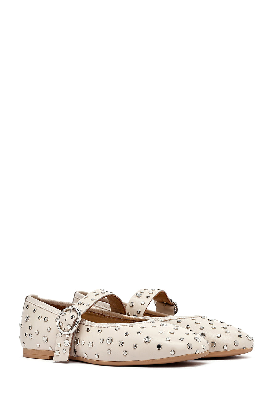 Women's Beige Buckled Stoned Leather Ballerinas