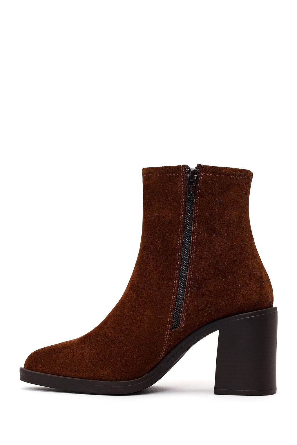 Kadın Ceviz Fermuarlı Kalın Topuklu Süet Deri Bot