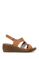 Woman Tan Wedge-Heel Leather Comfort Sandal | Derimod