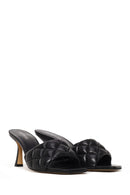 Woman Black Printed Thin-Heeled Leather Slippers | Derimod