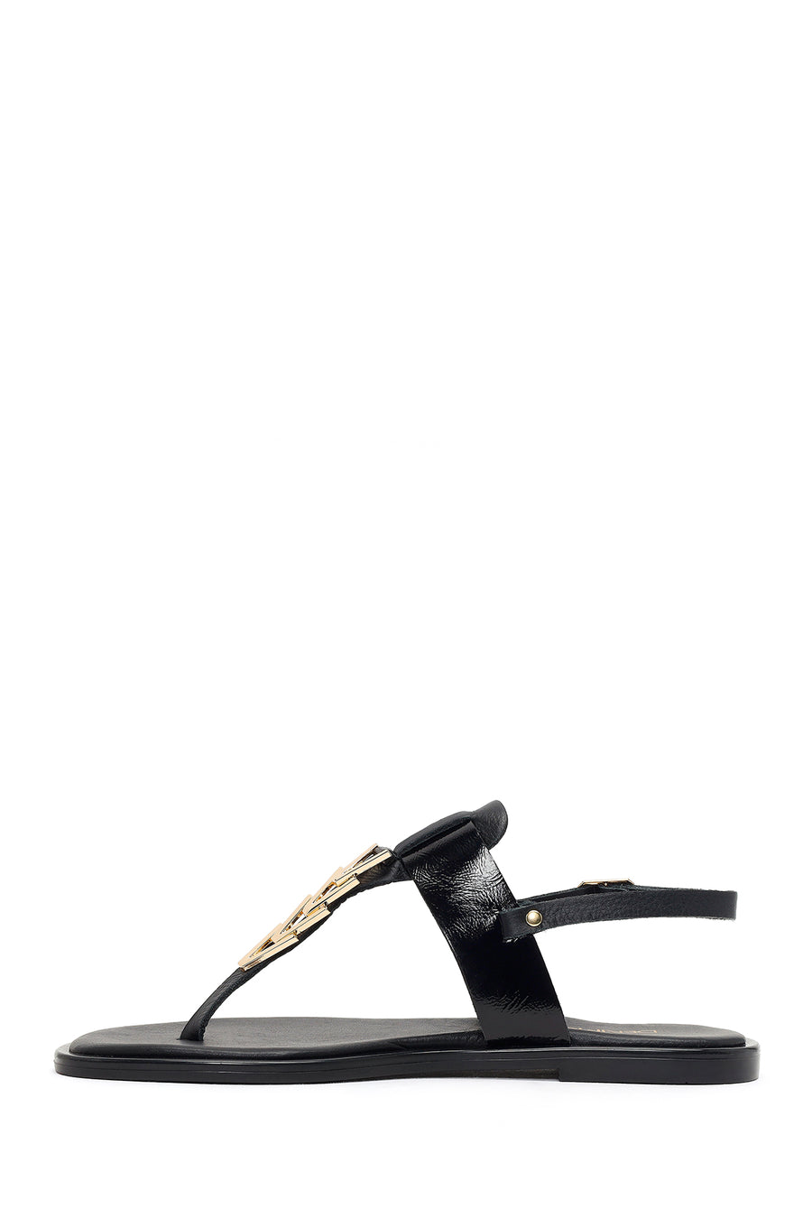 Women's Black Buckle Thong Leather Sandals