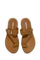 Women's Tan Leather Flip Flops Comfort Slippers | Derimod