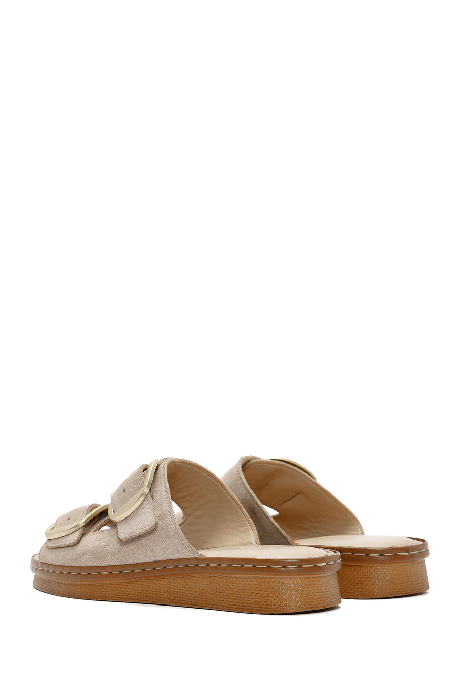 Woman Beige Buckled Suede Comfort Slipper
