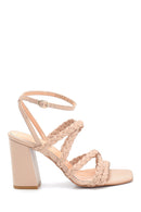 Women's Knitted Detailed Heeled Leather Sandals | Derimod