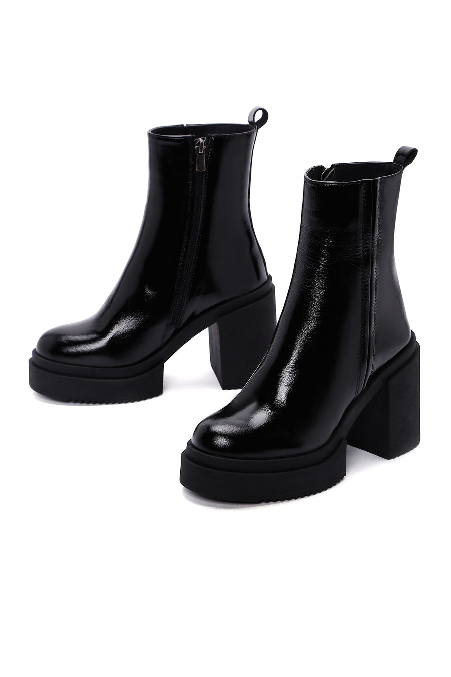 Women's Black Patent Leather Heeled Chelsea Boots