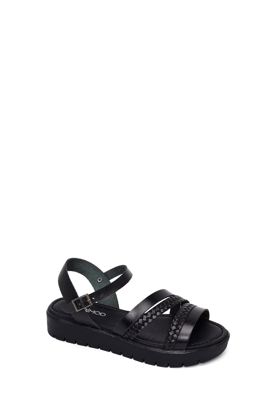 Woman Black Strappy Thick-Soled Braided Leather Bodrum Sandal