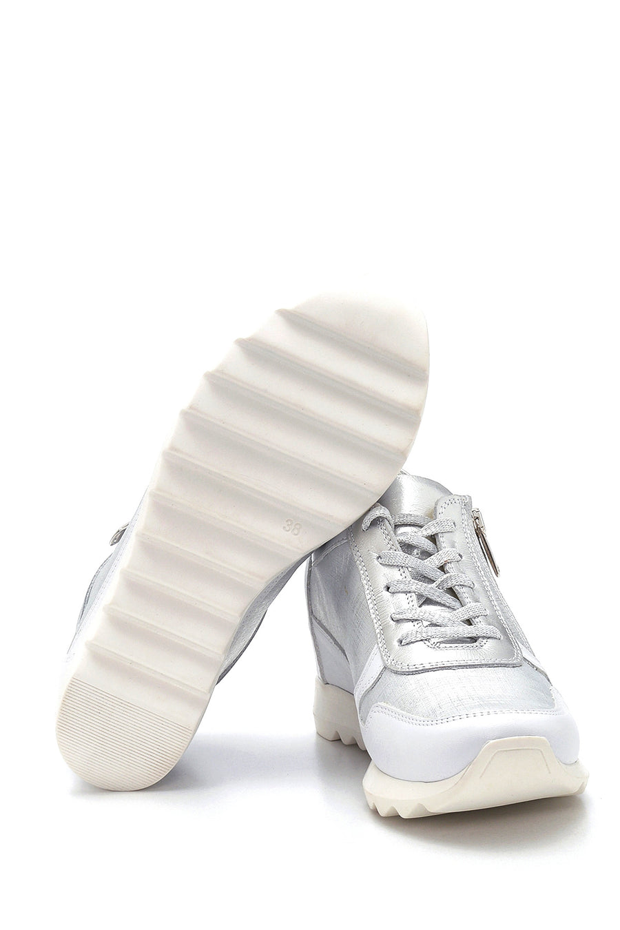 Kadın Gümüş Deri Dolgu Topuk Sneaker