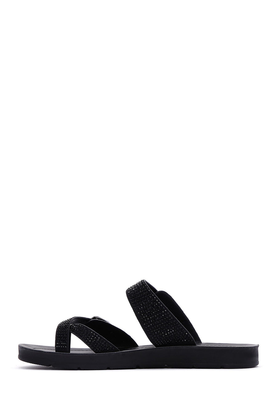 Women's Black Double Buckled Stoned Slippers