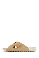 Kadın Bej Bantlı Nubuk Deri Comfort Terlik | Derimod