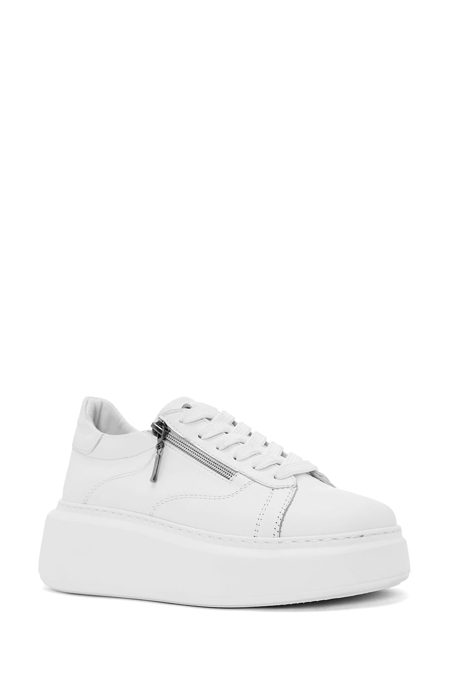 Kadın Beyaz Fermuarlı Bağcıklı Kalın Tabanlı Deri Sneaker