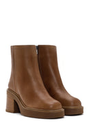 Women's Tan Zippered Thick Heeled Leather Boots | Derimod