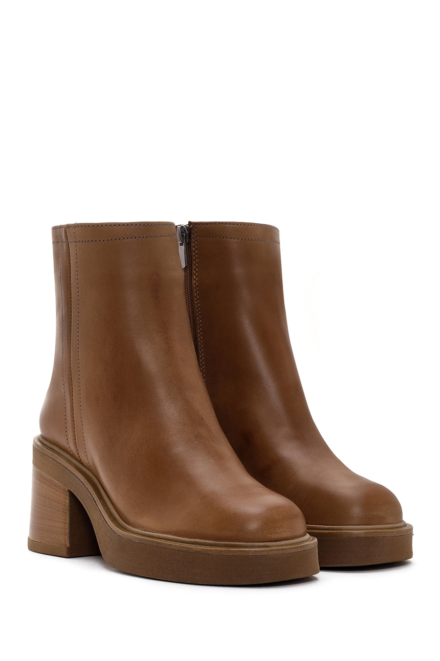 Women's Tan Zippered Thick Heeled Leather Boots