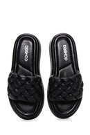 Women's Black Leather Braided Comfort Slippers | Derimod