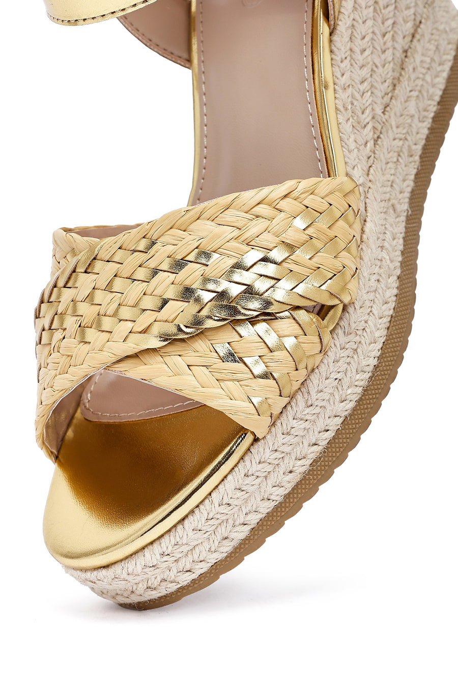 Women's Gold Ankle Buckle Braided Wedge Heel Espadrille Sandals