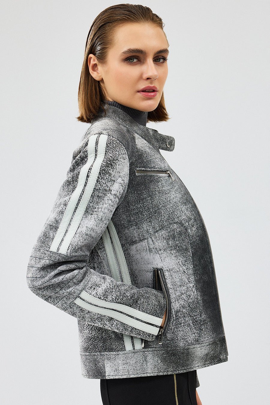 Sporty Women's Gray Short Nubuck Leather Sports Jacket