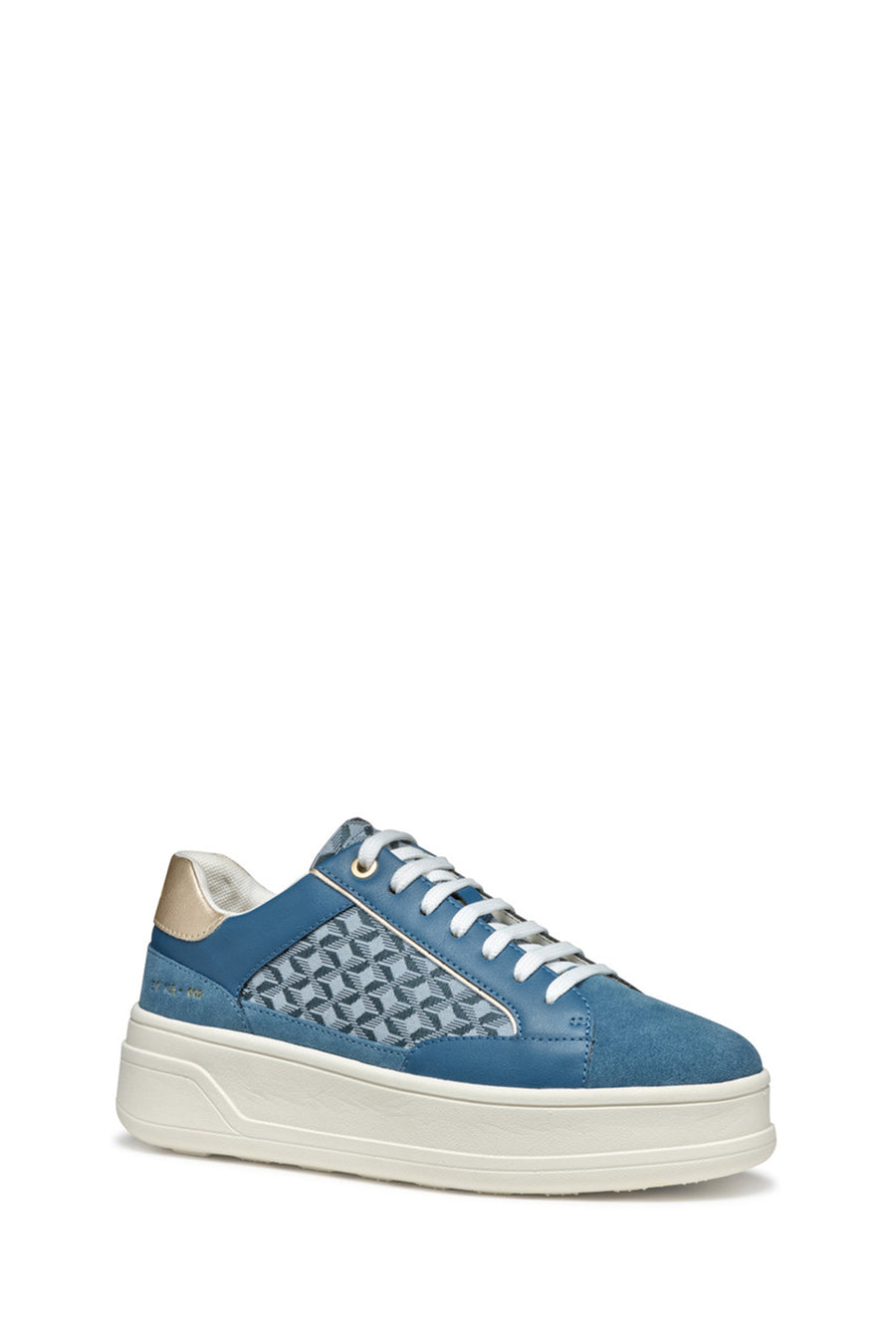 Geox Women Blue D Spherica Ecub - 2 B - Em.Te + Water Laced Patterned Thick Soled Leather Sneaker