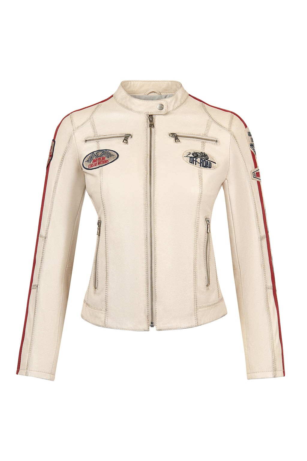 Ladyracer Kadın Beyaz Armalı Slim-Fit Deri Ceket