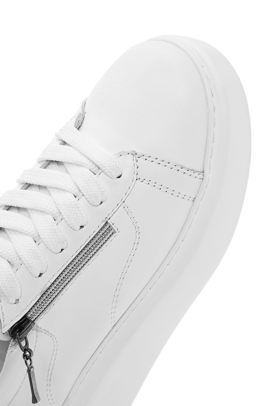 Kadın Beyaz Fermuarlı Bağcıklı Kalın Tabanlı Deri Sneaker