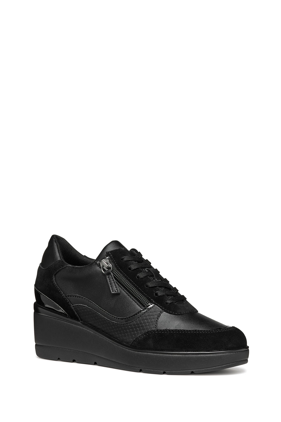 Geox Women's Black Lace-Up Wedge Heeled Sneakers