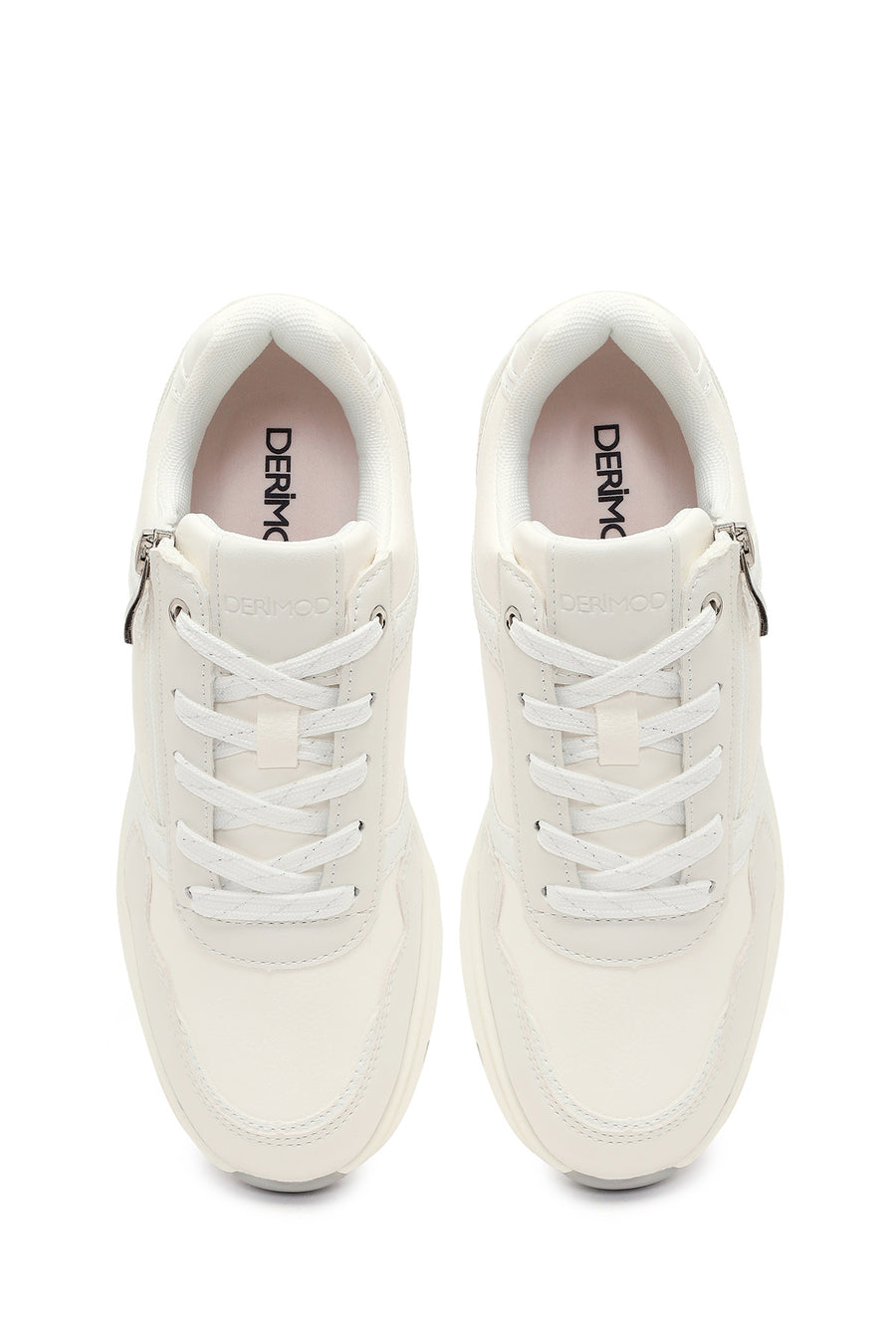 Kadın Beyaz Yandan Fermuarlı Bağcıklı Kalın Tabanlı Sneaker