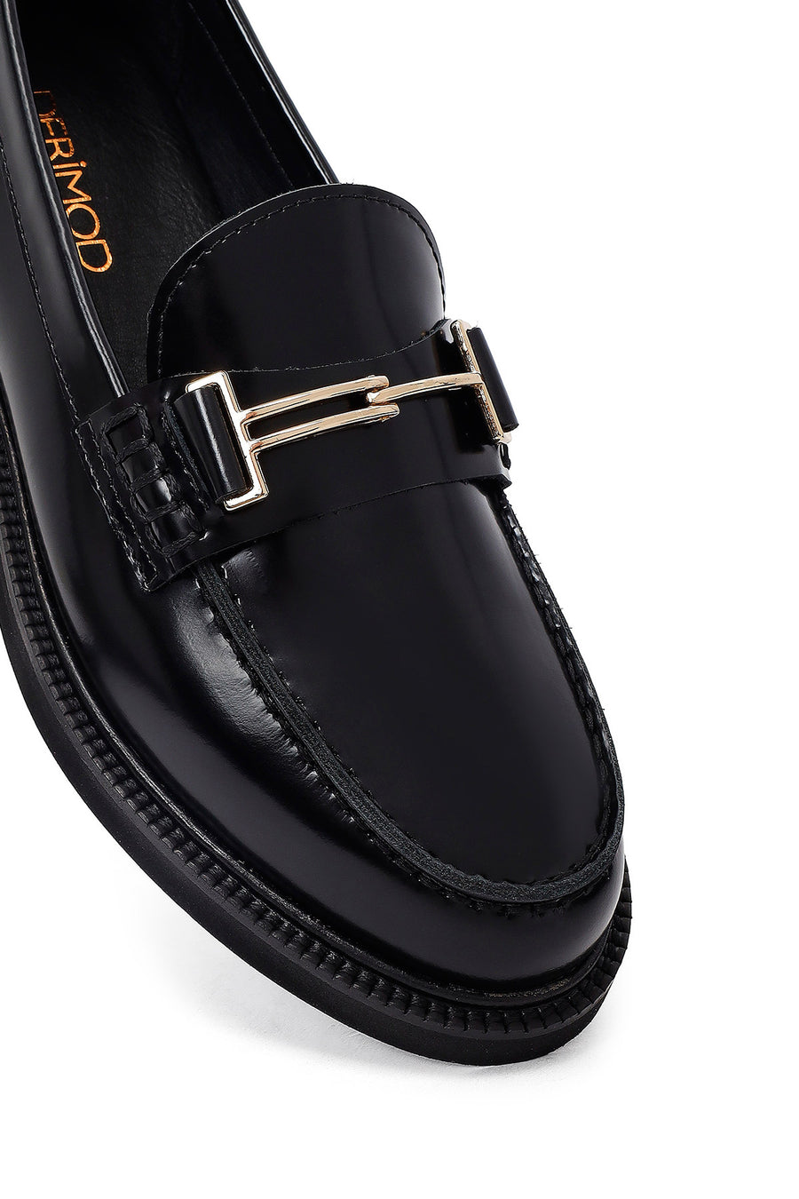 Kadın Siyah Tokalı Deri Maskülen Loafer