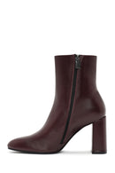 Women's Burgundy Zippered Thick High Heel Leather Boots | Derimod
