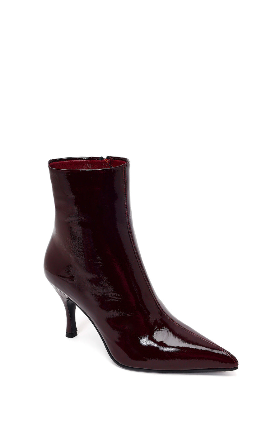 Woman Burgundy Zip Closure Thin-Heeled Patent Leather Leather Boots