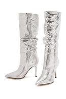 Women's Grey Thin Heel Metallic Leather Boots | Derimod