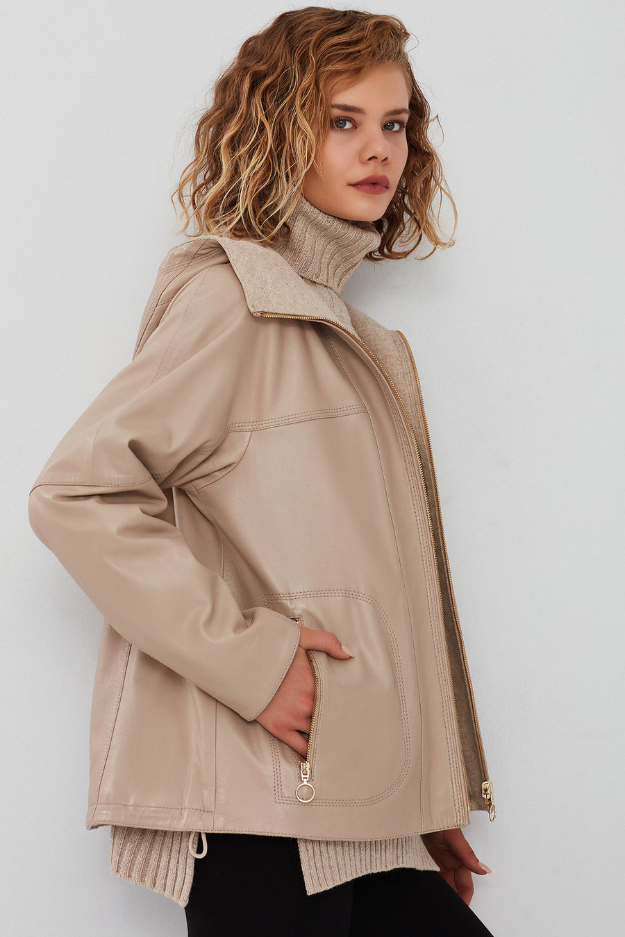 Roma Women's Beige Hooded Double-Sided Oversize Leather Jacket