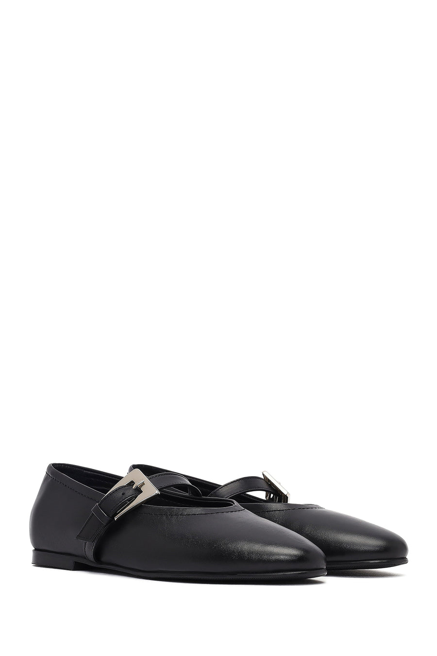 Women's Black Buckled Leather Ballet Flat