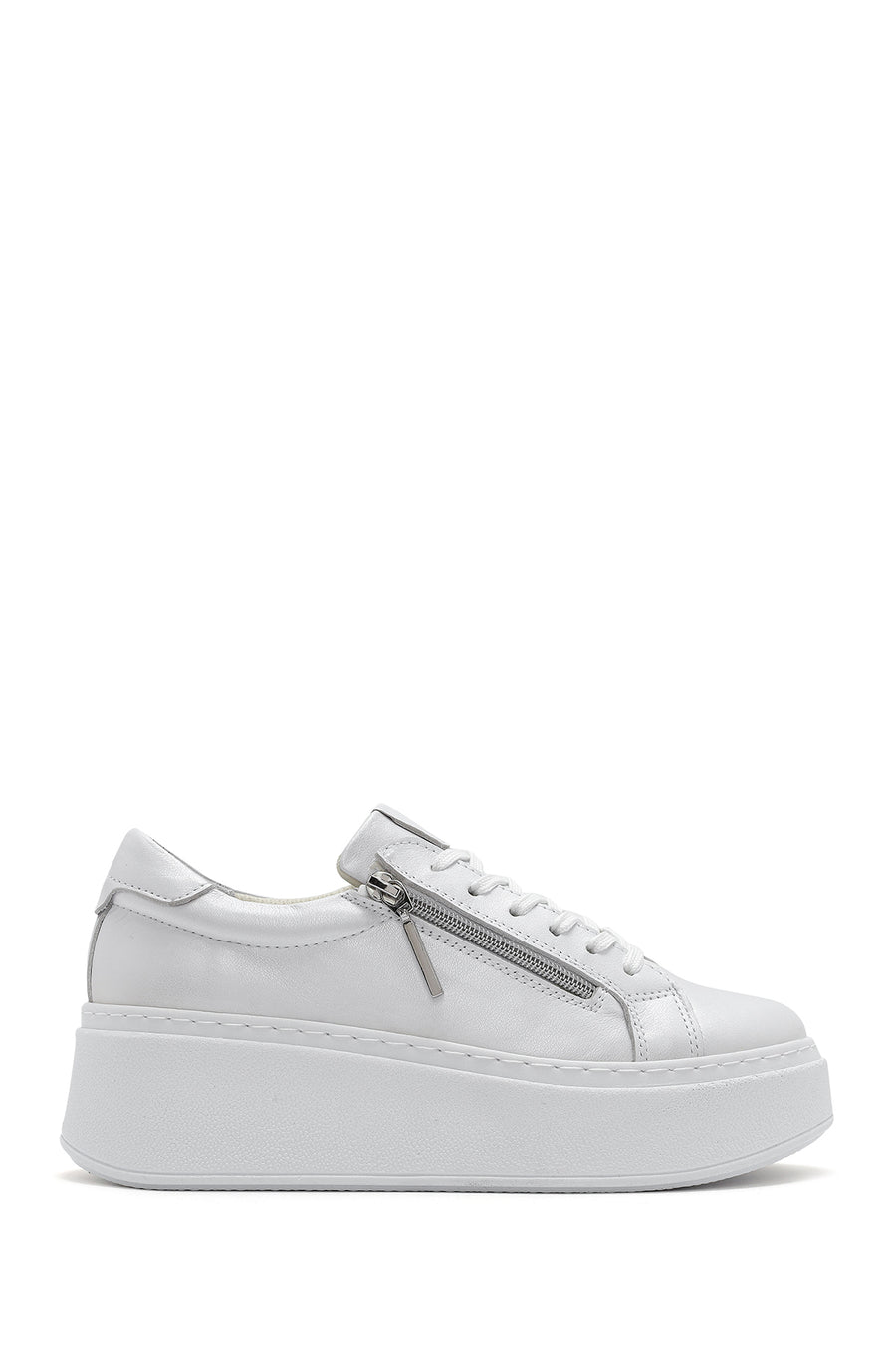 Women's White Thick-Soled Side Zipper Lace-Up Leather Sneakers 25SFD3702SM | Derimod
