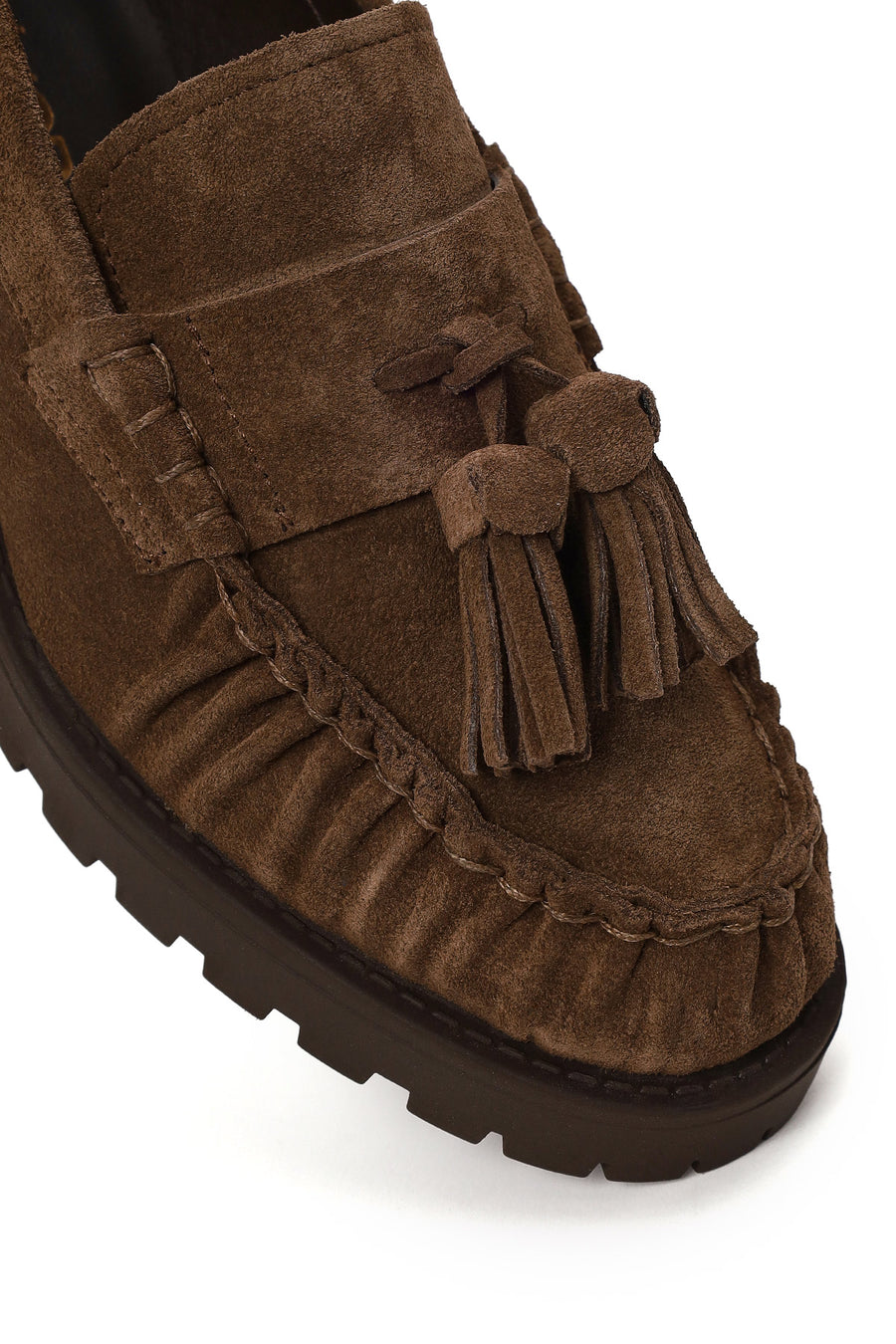 Woman Walnut Tassel Chunky Heeled Suede Loafer