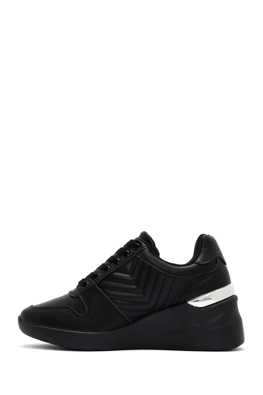 Women's Black Lace-Up Wedge Heel Leather Sneakers