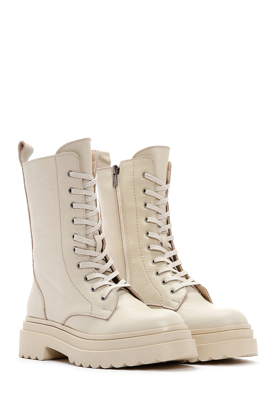 Women's Beige Leather Thick Soled Boots