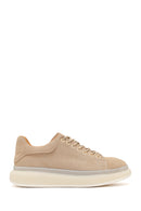 Men's Beige Lace-Up Thick-Sole Suede Leather Sneakers | Derimod